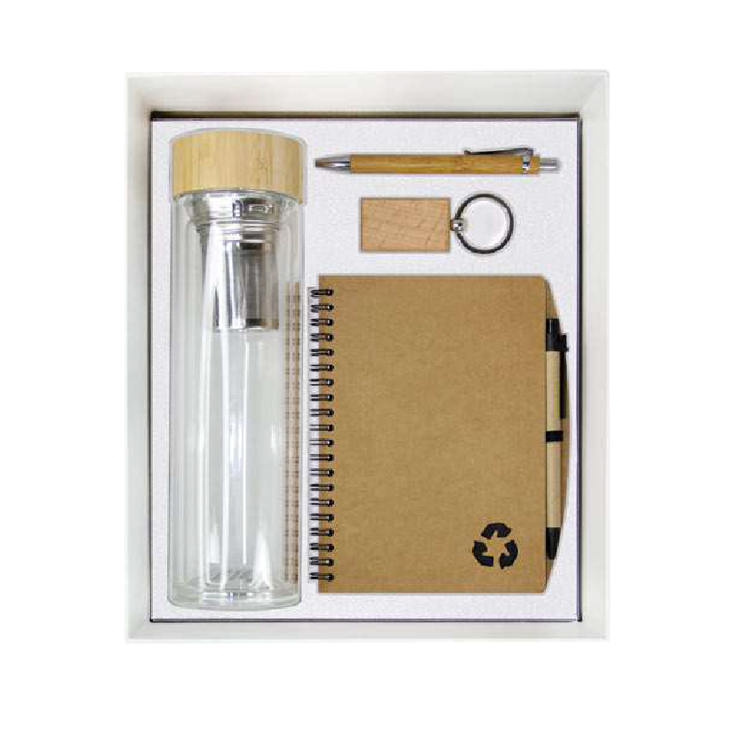 corporate gift boxes in Qatar - Eco-friendly gift set in qatar - bottle, notepad, pen, keychain